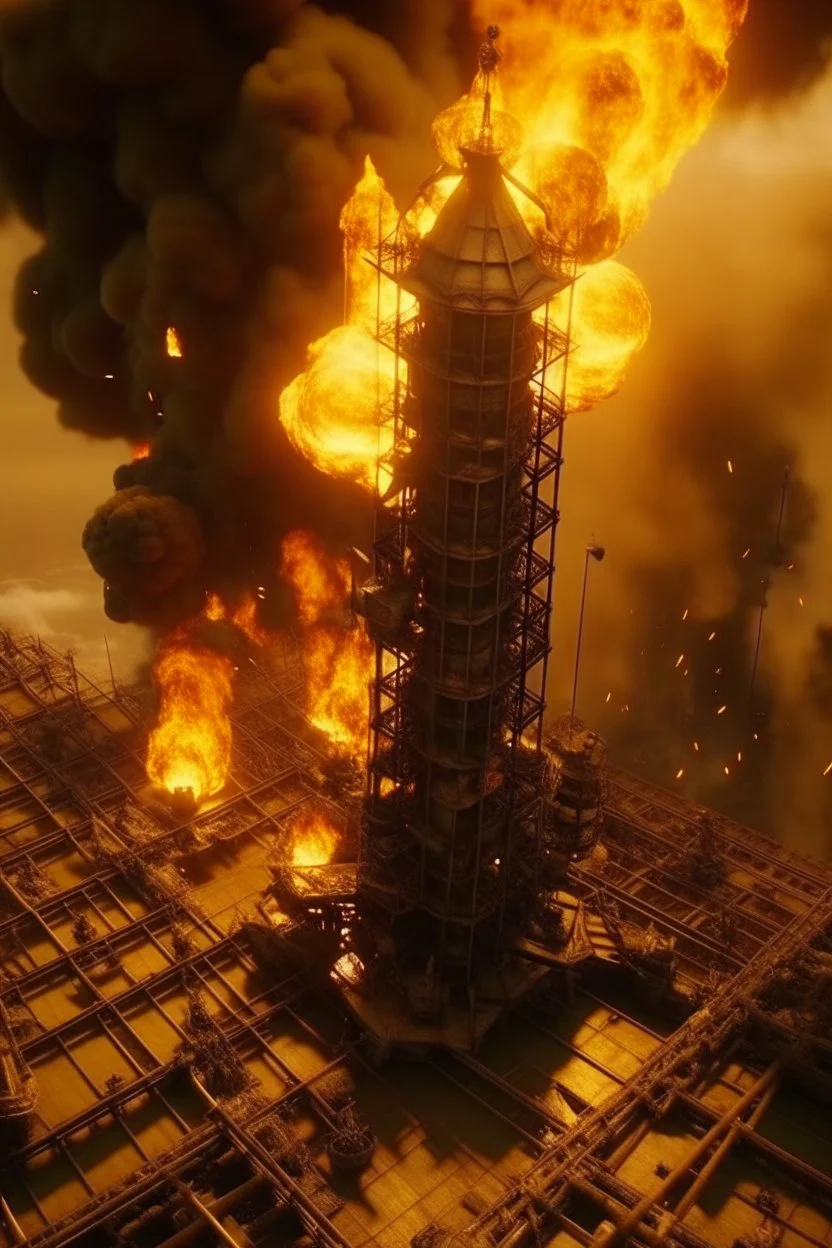 steampunk an explosions and huge fire on an oil rig tall tower top view