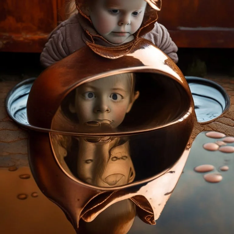 The reflection of a child on the surface of an old copper teapot