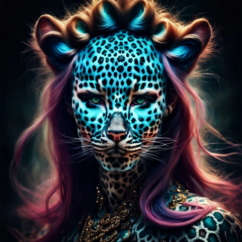 candy leopard, portrayed with the intricate facial features and extremely detailed pupils characteristic of Stefan Gesell's style, blended with the elongated forms and dramatic chiaroscuro reminiscent of El Greco, conveyed through a light painting technique with push processing, incorporating holographic elements for a dreamy, vibrant effect, soft skin texture, clarity achieved, supporting a perfect composition, cinematic atmosphere, delicate detail