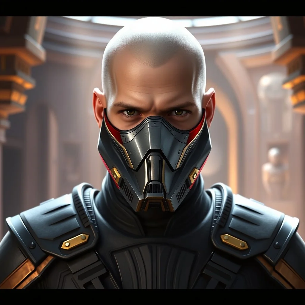 star wars bald male corellian jedi wearing gunmetal grey and black old republic armored flightsuit and breath mask with gold and metallic red trim inside the jedi temple, centered head and shoulders portrait, hyperdetailed, dynamic lighting, hyperdetailed background, 8k resolution, volumetric lighting, light skin, fully symmetric details