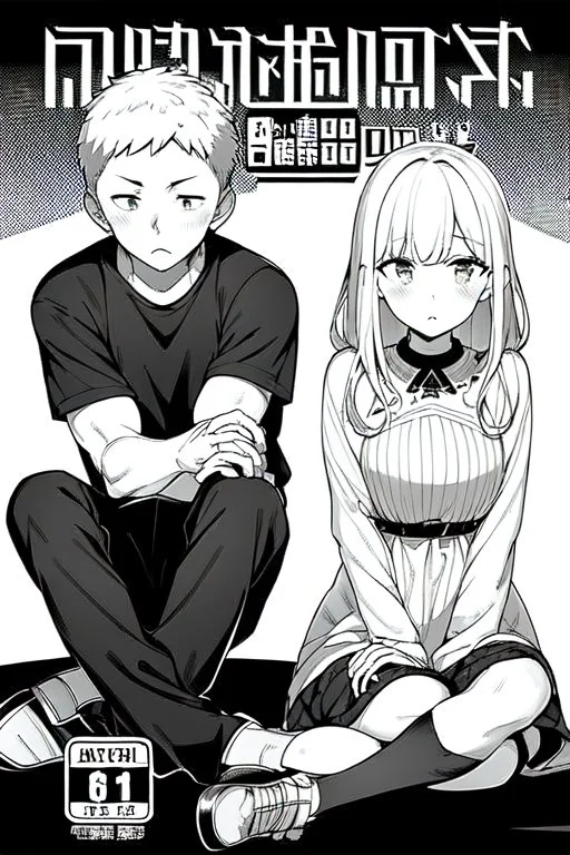 manga chapter cover, a boy is sitting on the ground next to a girl, greyscale