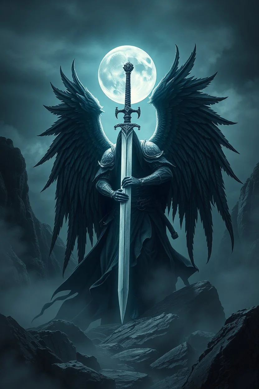 surreal dreamlike scene, stunning warrior fallen angel with sword, mystic gloomy, dark shadows and vertical pale light, stones, rocks, dark vibe, come strom , dark colors, , moon with black darkness, fog, detailed, spalh art, black and white art