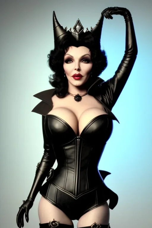 Joan Collins as evil queen in black leather, leather, busty, cleavage, angry, stern look. character design by cory loftis, fenghua zhong, ryohei hase, ismail inceoglu and ruan jia. unreal engine 5, artistic lighting, highly detailed, photorealistic, fantasy