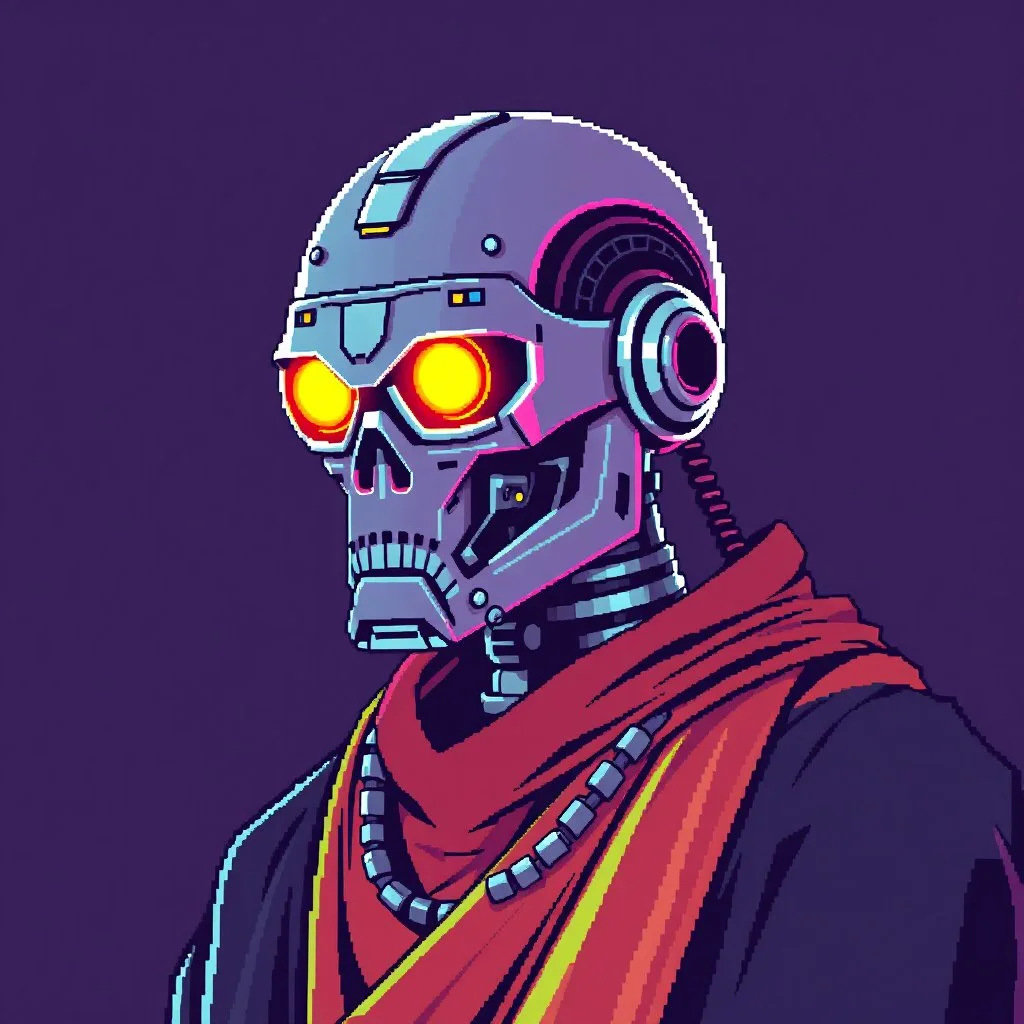 8 bit pixelart of a terminator like robot, synthwave colored, vaporware, budist monk robe