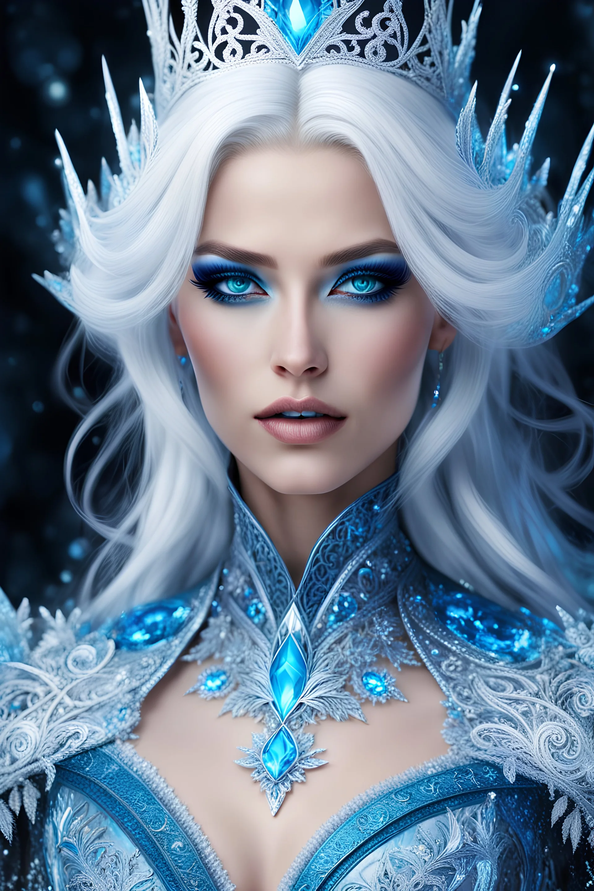 Hermosa y malvada reina del hielo, pelo blanco, ojos azules luminosos, vestimenta intrincada, hiperdetallada, calidad ultra, increíble obra de arte