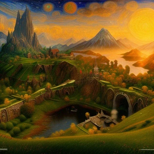 Epic Drawing of scenery of the LOTR ,The Hobbit, Van gogh Style, 8k