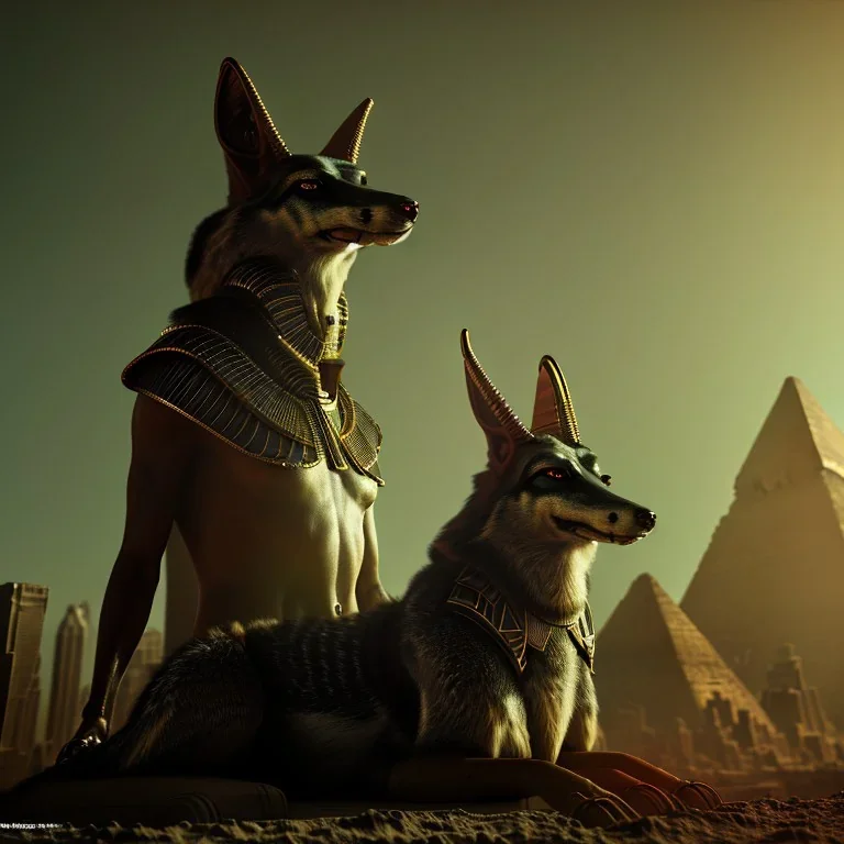 A portrait post-apocalypse of Jackal Egyptian God Anubis ,in a sin city pyramid, sci-fi fantasy style, volumetric lighting, particales,highly detailed,cinamatic,8k,3D,fire and black deep colours,ignore NSFW.