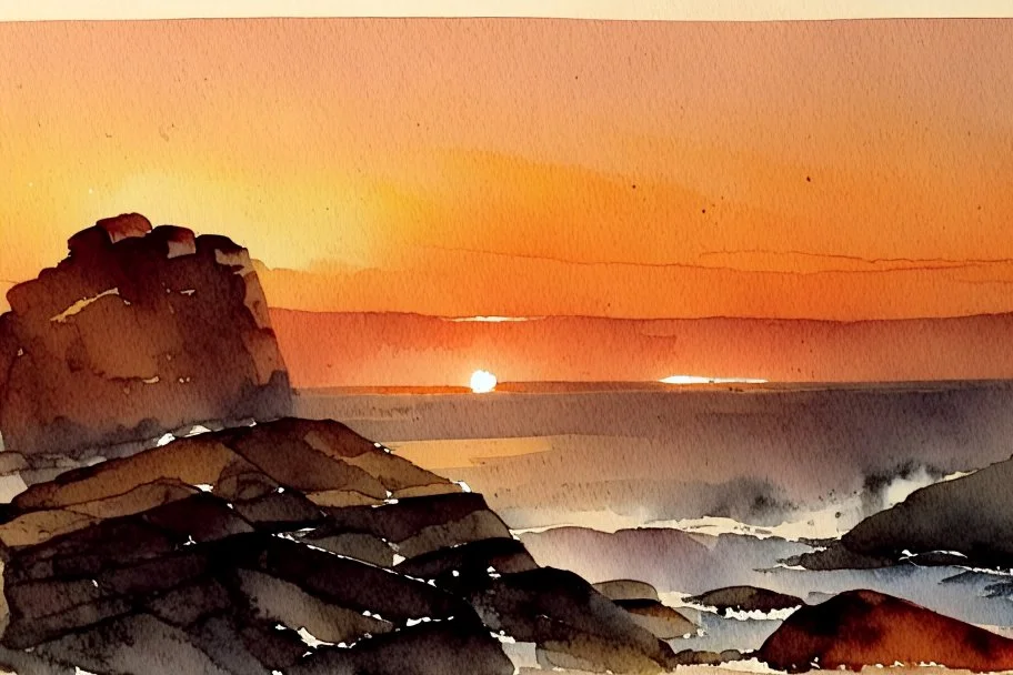 Sunset, rocks, mountains, rocky land, epic, winslow homer watercolor paintings