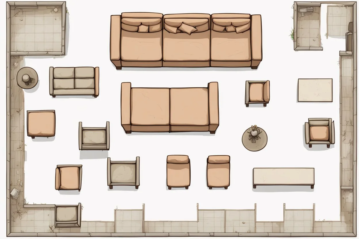 Sprite sheet, furniture, architectural plan, couch, table, chair, top view, dilapidated, post apocalypse,