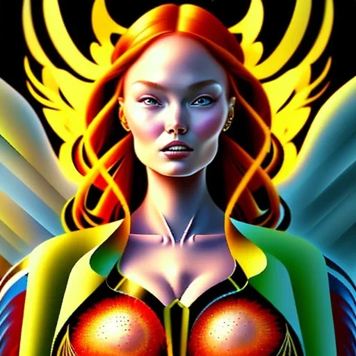 portrait of a beautiful busty Jean Grey with green eyes riding a phoenix by Sandro Botticelli style