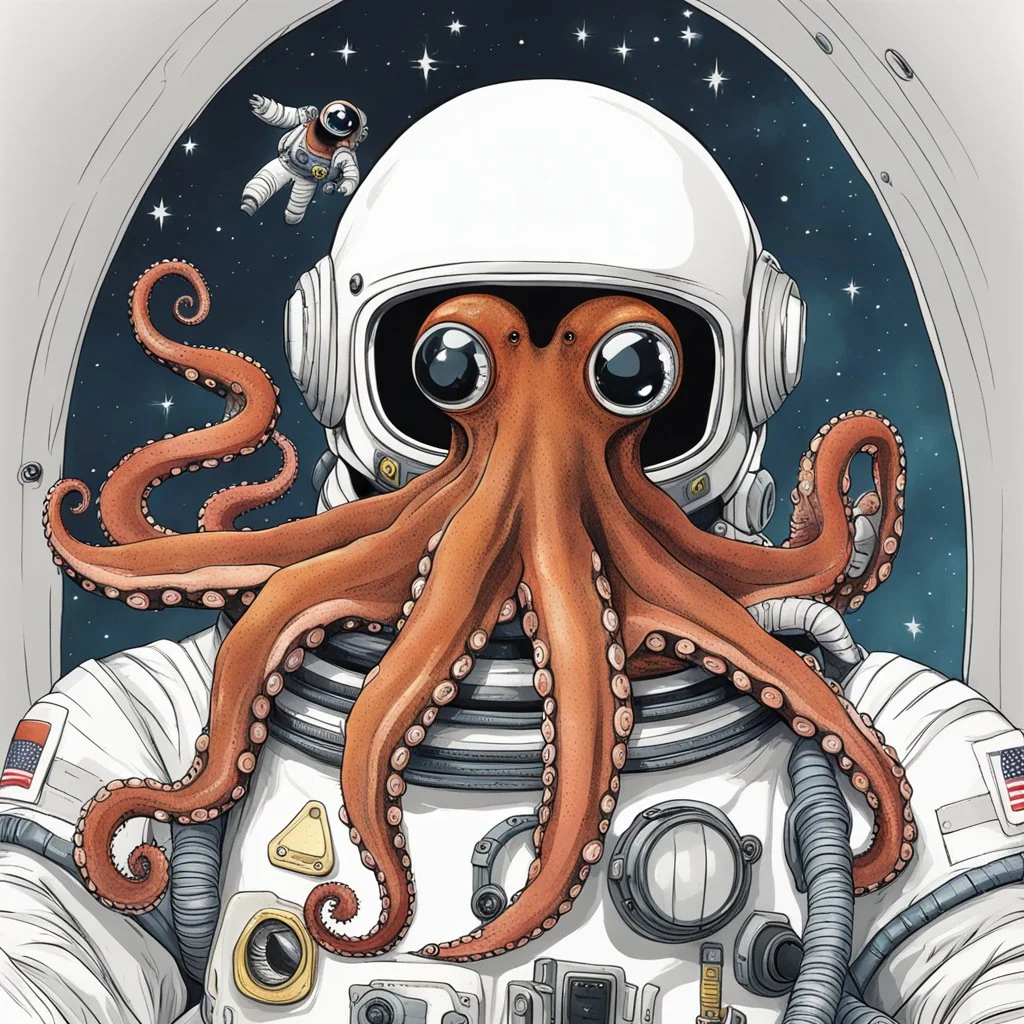 An octopus as an astronaut in a custom designed space suit