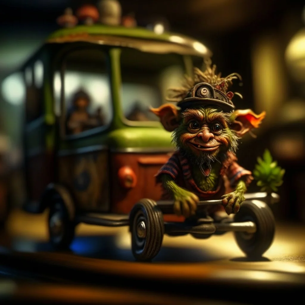 hairy pimp groove funk goblin gremlin hippie in weird home camper running in hamster wheel, prize winning oil painting, ,bokeh like f/0.8, tilt-shift lens 8k, high detail, smooth render, down-light, unreal engine