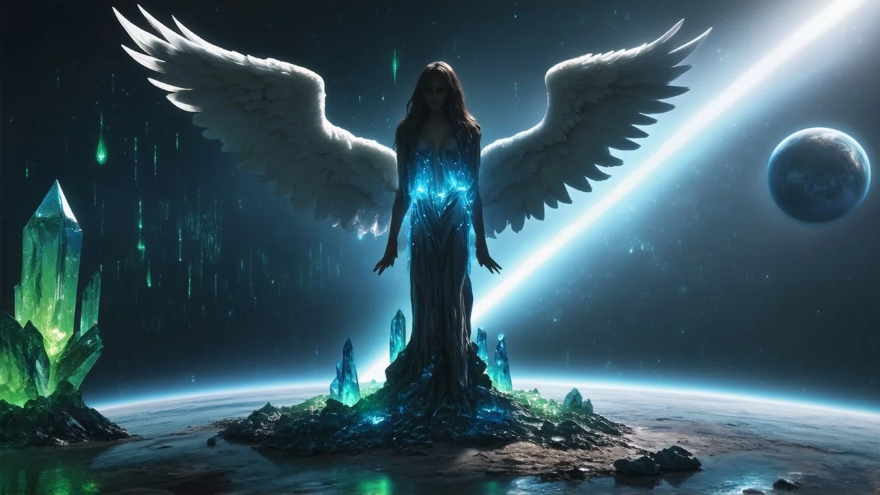 matrix universe, space, planets, god creation, angels from other dimensions with beautiful wings, trees on the planet, behind green crystals of light, few tiberium monolith deposits on the planet near tree,angel with a wings siting on the blue monolith made of blue tiberium crystals of lights, matrix universe, planets on the back grounds, green crystals of tiberium on the life and right