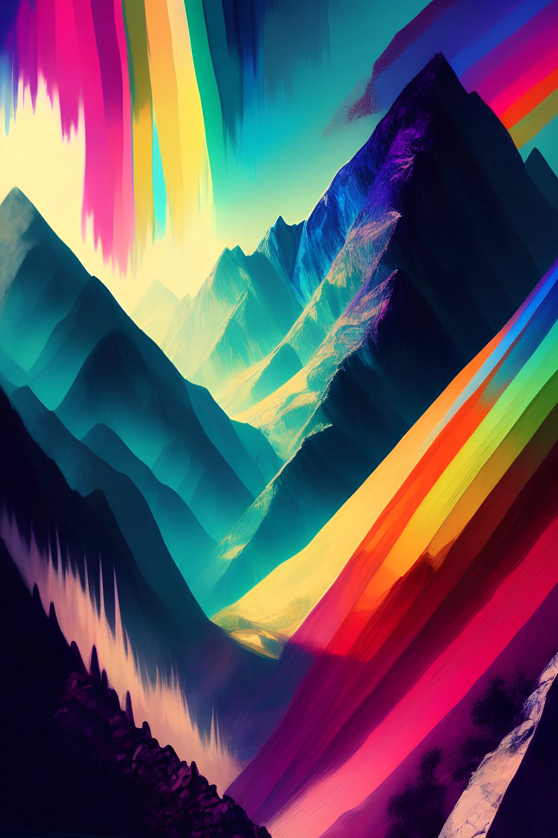 Epic Queer Echo: A secluded mountain valley where the echoes transform into a radiant soundwave, visually manifesting in the colors of various Pride flags. Digital Art