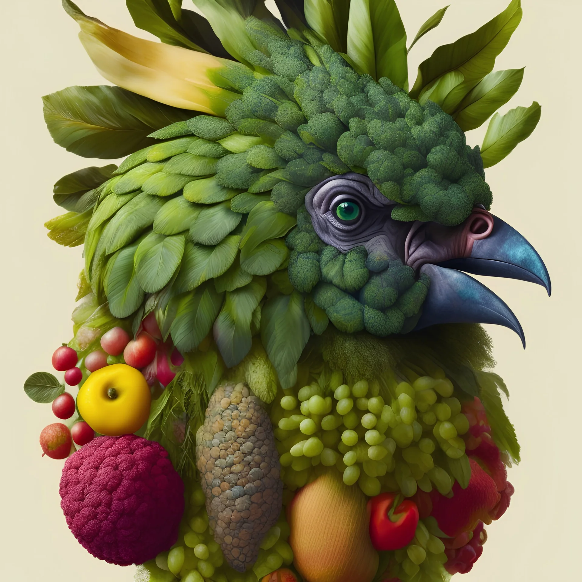 the head of a Cacatua ducorpsii, fruits, vegetables, still life, style Arcimboldo