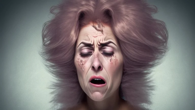 lady crying while holding shoddy wig