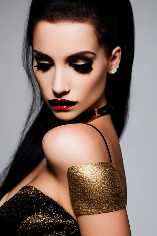 Portrait emo bride with piercings in skin-tight black dress, full body shot, full-color long shot, gold lips pale face, gold eyeshadow