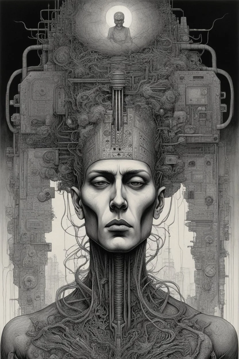 man with a Indian fathers on head with computer chips and a smoke in the background dark a thin line draw ، front view camera, decayed and rotting with grotesque proportions and imagery. surreal horror, biomechanical design, by hr giger and beksinski , fine lines draw