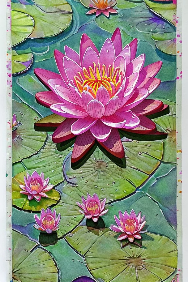 Waterlily flowers watercolor patchwork, fantasy, fantastic, no corners, Kandinsky dot line drawing, highly detailed, exquisitely intricate, beautiful, clear, high quality, colorful Modifiers: Ernst Haeckel Cathrine Abel