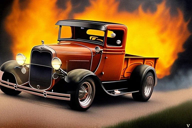 a customized 1930 ford model a pickup, roof chopped, lowered, wide dragster wheels, no spare tire, vertical truck exhaust pipes behind the cabin, with flames coming out of them, twin-tone colouring, centered, intricate, extreme detailed, photorealism, center view, stylized random background, pivot on ford, pen and color marker painting by cheryl kelley