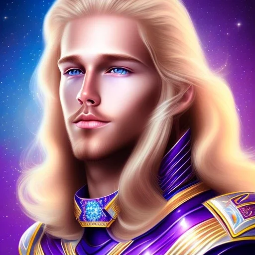 smiling beautifull long hair blond man face with cristal diamond on the forehead , cosmic armor and cosmic purple and blue sky behind