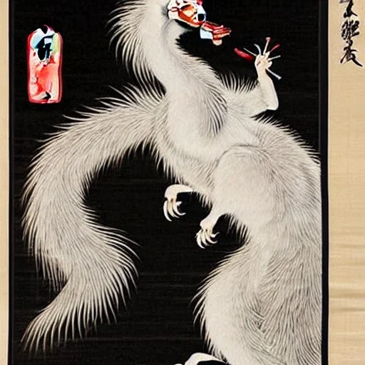 traditional Japanese art, eastern dragon, white fur