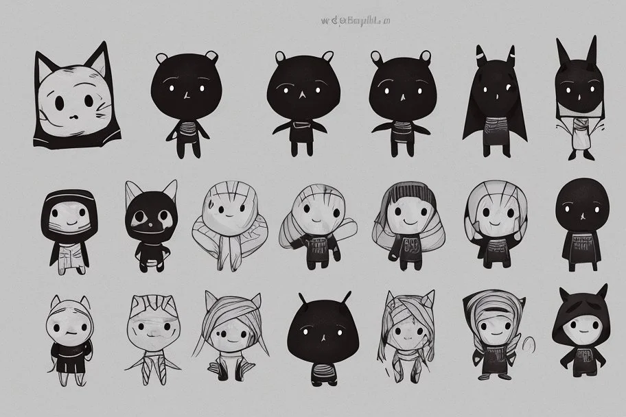 6 simple shaped hand drawn cartoon characters that are cute dark and have hoodies