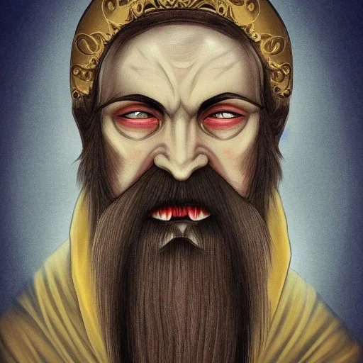 Vampire with yellow eyes on forehead tentacle beard grey skin and vampire fangs and vampire bat nose as a Russian Orthodox