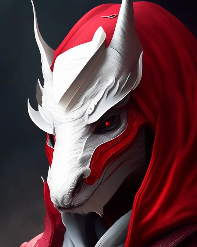 Draw an illustration with a red and white hood and a dragón mask