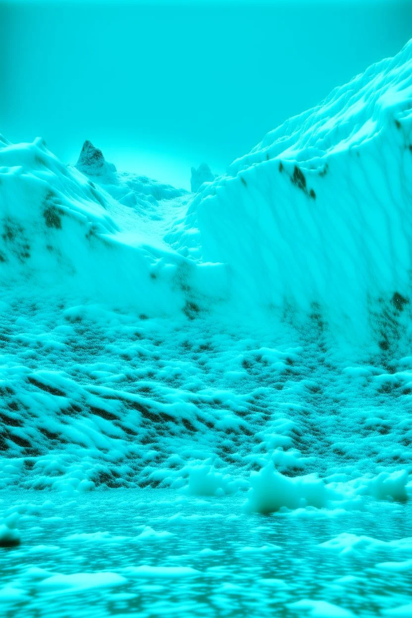 A cyan glacier with falling snowflakes painted by Andy Warhol