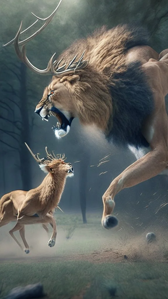 A lion attacking a deer, a realistic picture, a cinematic scene, more accuratehdr 8k