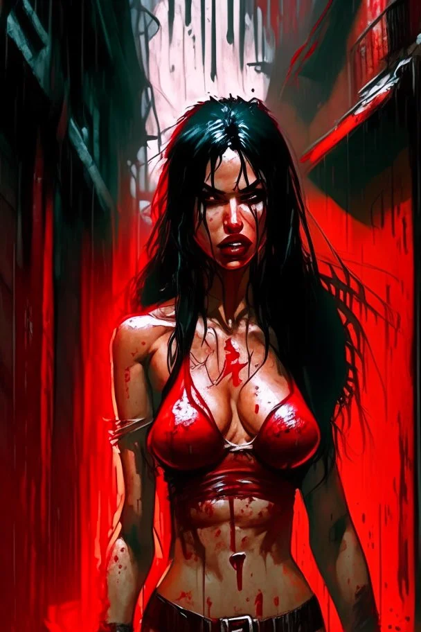 woman in a red bikini standing in a dark alley, by Aleksi Briclot, digital art, girl with black hair, bloody river in hell, as a fortnite character, woman very tired, ready to fight, no yellow color in eyes, torrential rain of blood, stylised comic art, uncharted, bbc promotional artwork