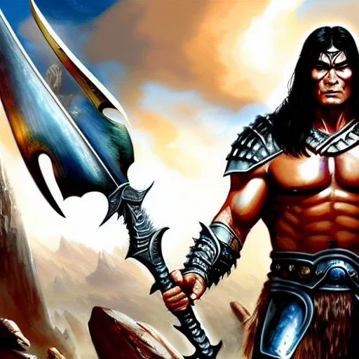 ultra detailed fullbody portrait of Conan, intense stare ,wearing metal armor, Holding Conan The Barbarian Atlantean Sword,extremely detailed digital painting, intrincate, extremely detailed face, in the style of Ohrai Noriyoshi and robert e howard and pablo oliveira and ARTGERM and Ken Kelley and Keith Parkinson,mystical colors,perfectly centered image, perfect composition, rim light, beautiful lighting,8k, stunning scene, raytracing