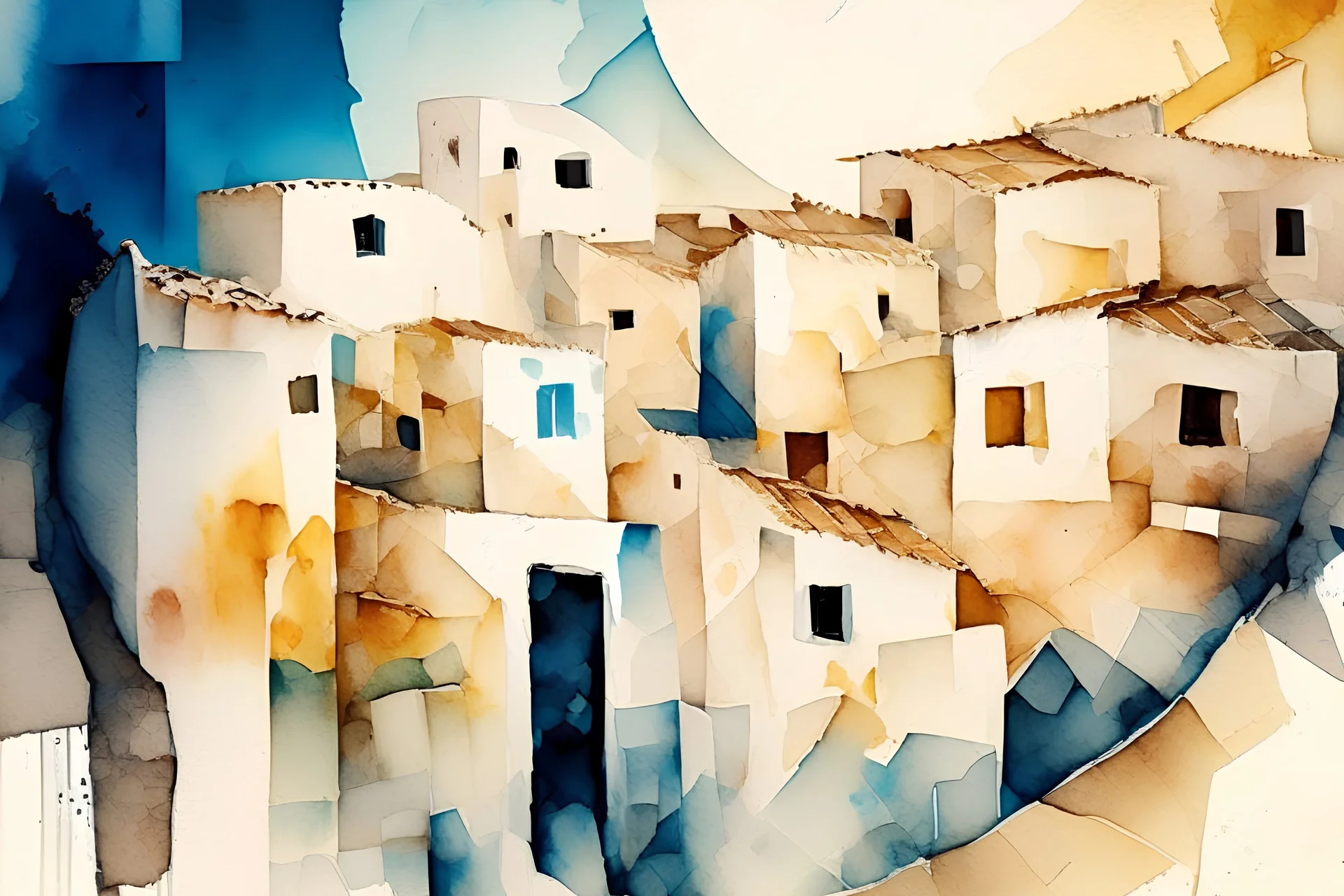abstract geometric watercolour of a Greek village on rough textured bumpy plaster wall