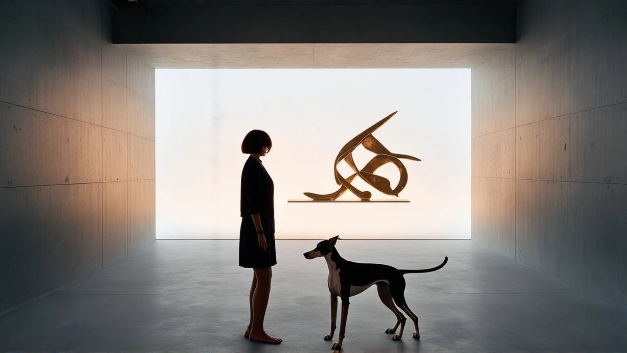 In the high-ceilinged room with polished cement walls, a short-haired woman and a long-legged greyhound shared the same silence, both motionless in front of an abstract sculpture that reflected the light of the sunset.