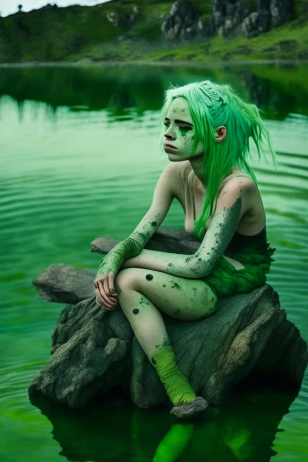 woman sitting on a rock, in a lake, green mottled skin, green hair