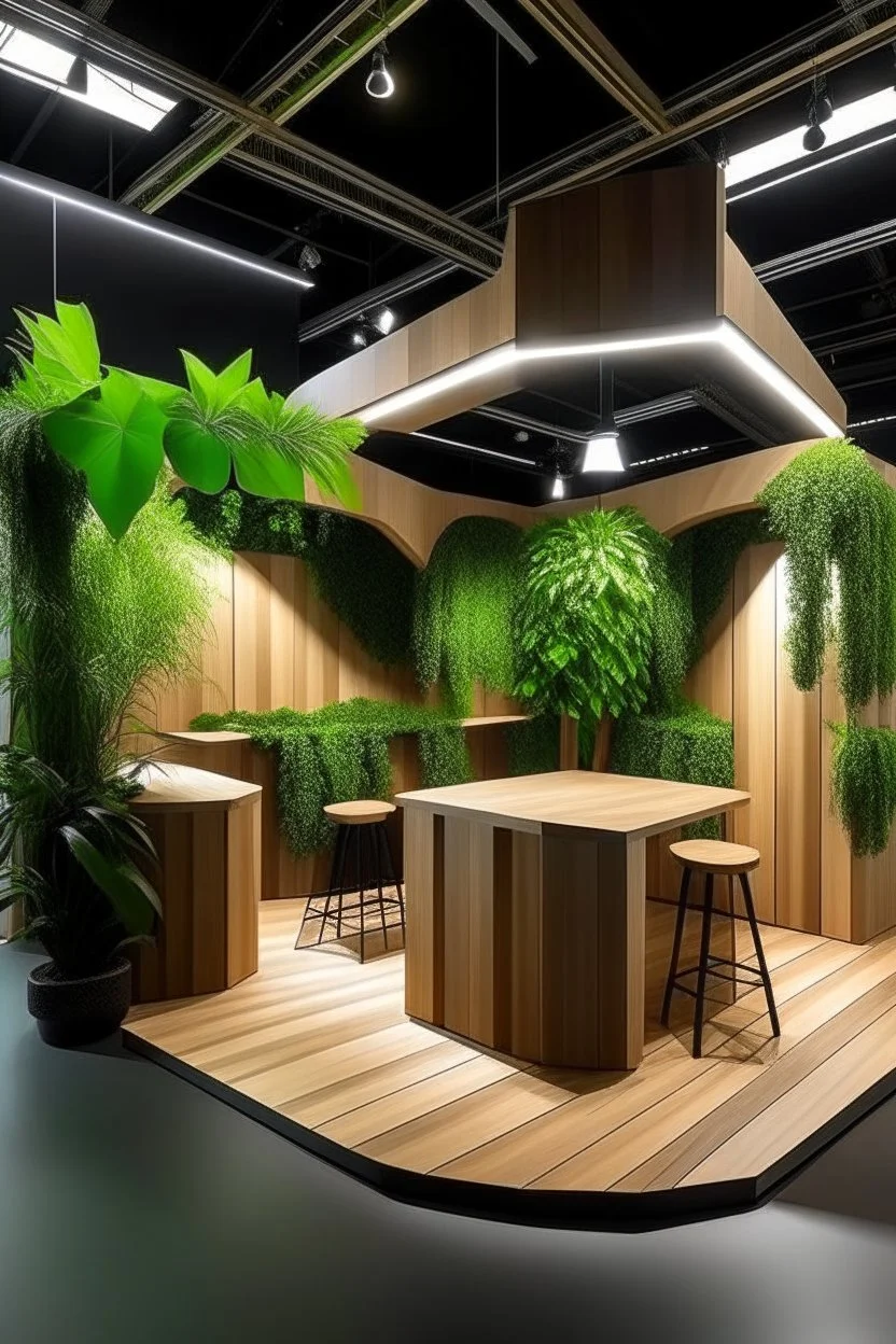 Corner exhibition stand with wood elements and greenery, with meeting areas