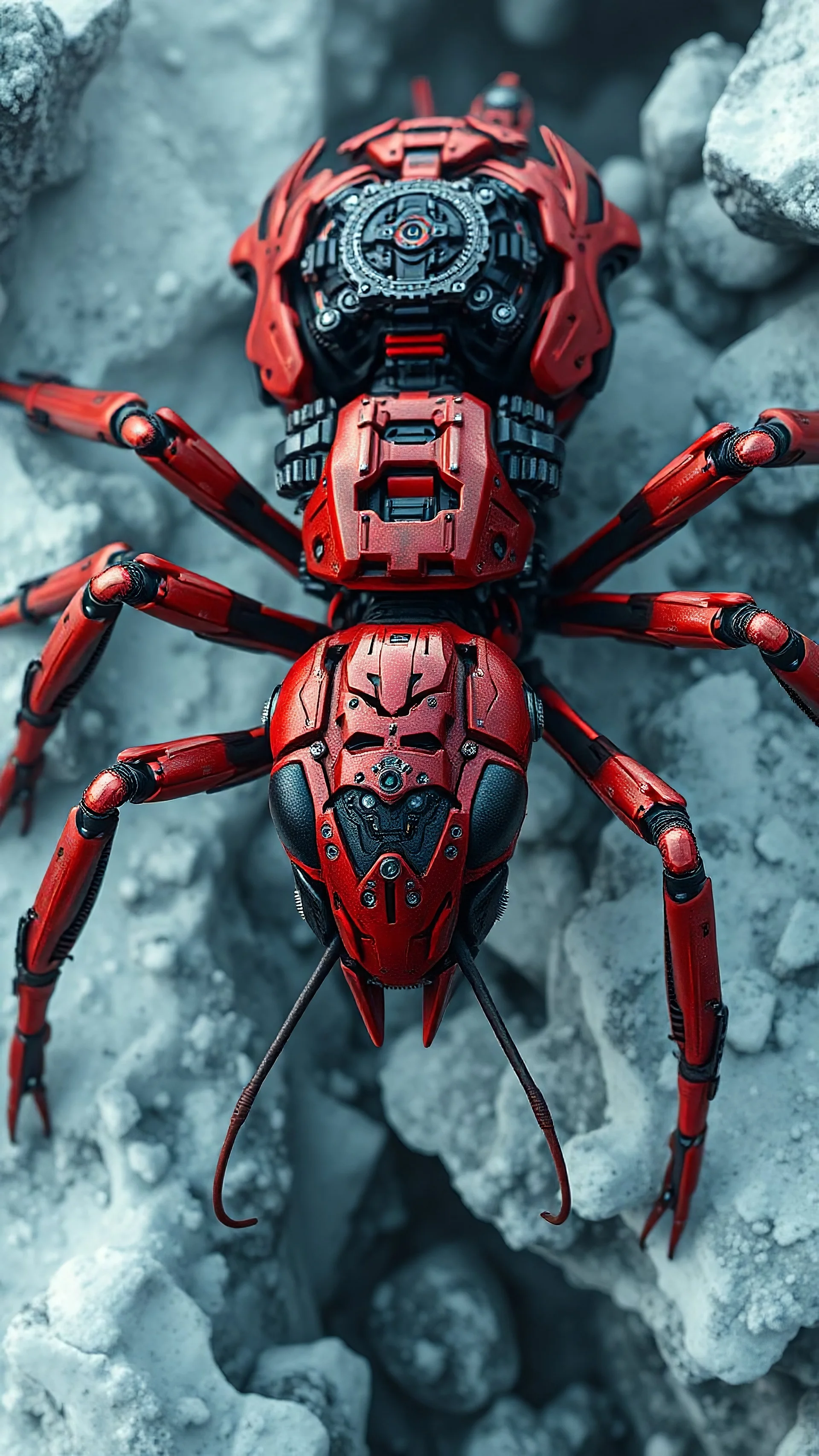 A dynamic aerial view showcasing the fusion of organic and Neumorphism elements, depicting a fully red mecha-ant. Its intricate mechanisms are driven by interlocking gears and complex mechanical teeth embedded throughout its massive frame. The larva's mane is ingeniously replaced with a rotating gear system, amplifying its cybernetic presence. With hyper-techno aesthetics, it prowls silently through the dense, mist-laden snow ice rock