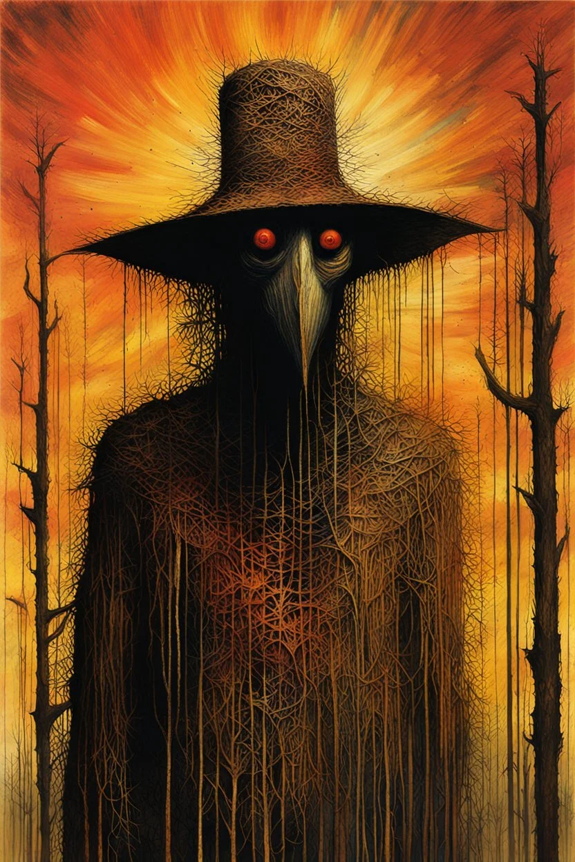 Liminal scarecrow visionary, lovecraftian reanimated straw gods in the gaps of reality, by Jim Dine and Colin McCahon and Zdzilaw Beksinski, mind-bending pen illustration; warm colors, dynamic diagonal composition, album art, asymmetric, Morse code dot and dash vertical textures, dark shines war, complex contrast