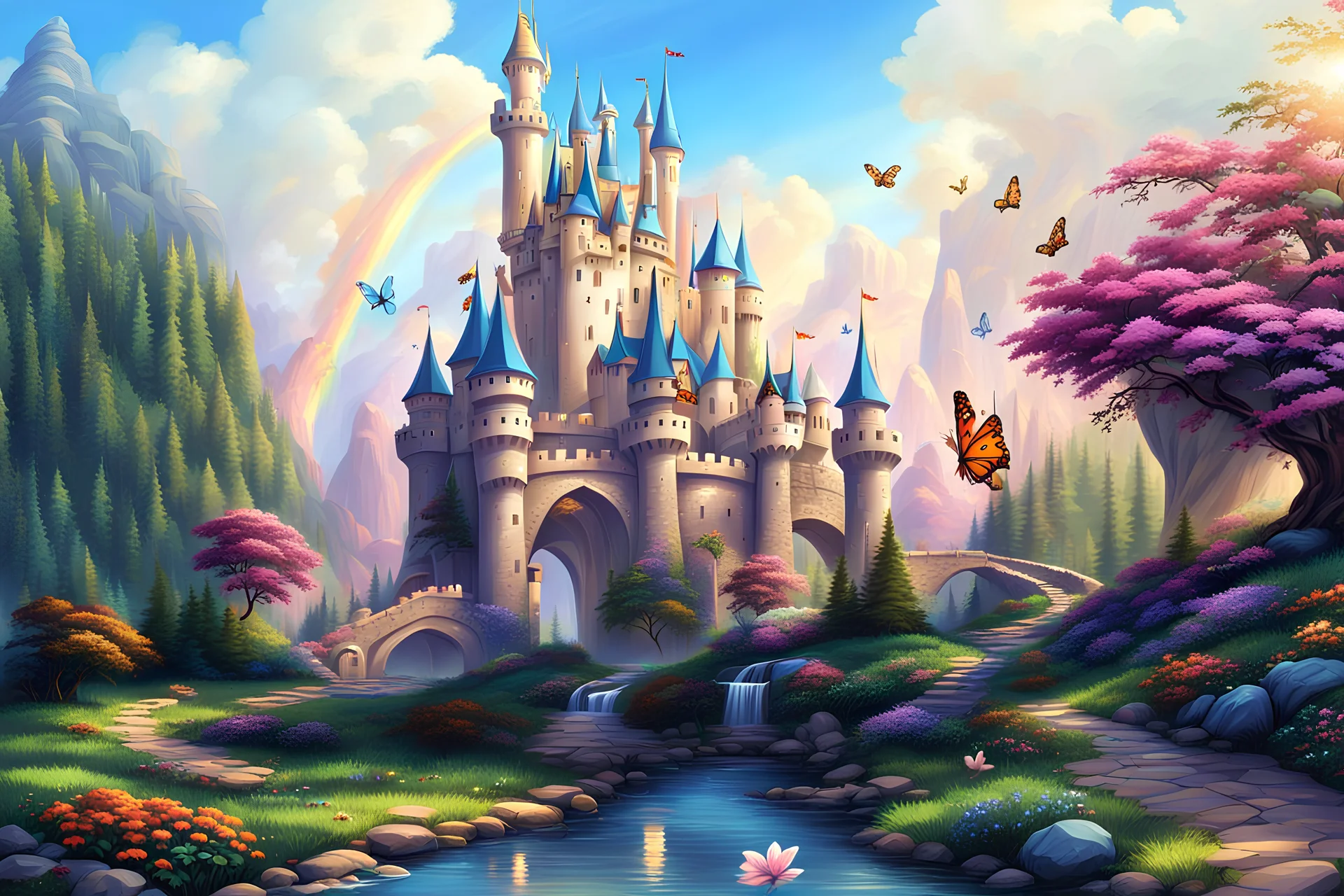 A fantasy landscape of a castle, applying art reminiscent of Walt Disney. The landscape tells different aspects of an enchanting children's story: a calm and magical wonderland, a fairy forest, butterflies, waterfalls with a clear blue sky in a magical fairy mountai