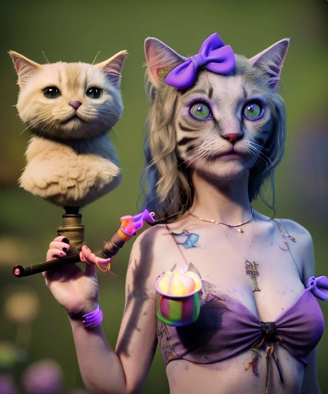 Ultra realistic photo, happy couple, blonde Alice woman and purple cat smoking a pipe, circus blue dress style, black headband with bow, old school body tattoo, smoke, marihuana garden, glow eyes, perfect iris, soft color, highly detailed, unreal engine 5, ray tracing, RTX, lumen lighting, ultra detail, volumetric lighting, high definition.