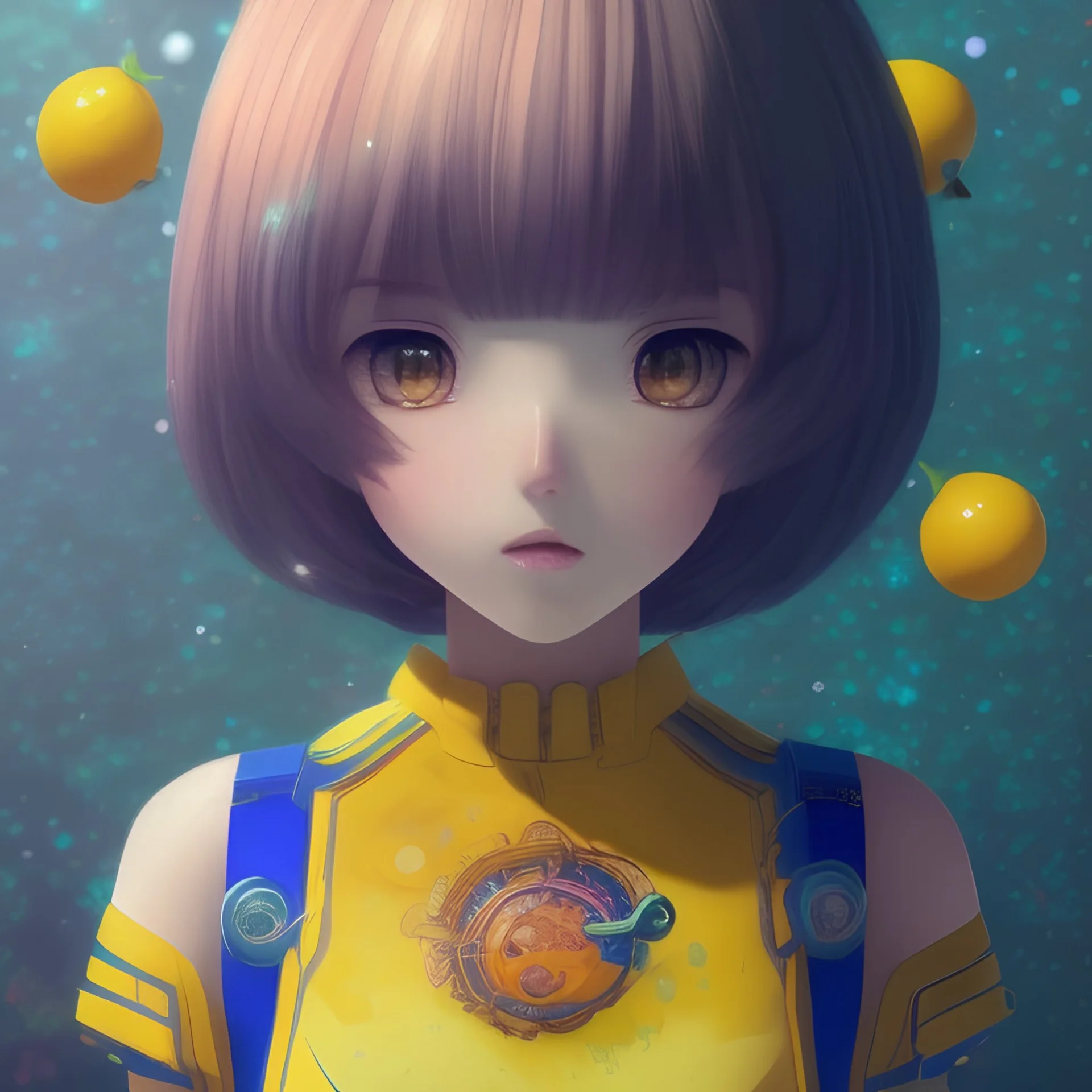 animegirl, bob cut, hyper detailed, intricately detailed, looking at viewer, arms behind back pose, blue short pants, yellow blouse with a knot on the bottom, lemon background, air bubbles, summer vibe, close up shot, ambiguous lines image, flat dimensional style, flat lines, rough drawing --ar 2:3