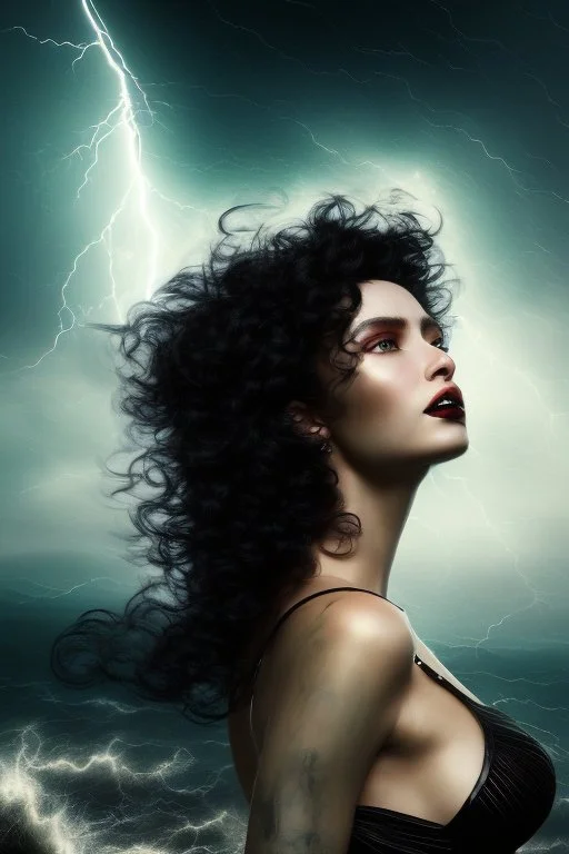 A beautiful woman with curly black hair, caught between heaven and earth, storms, chaos, abstract, crazy, fury of nature