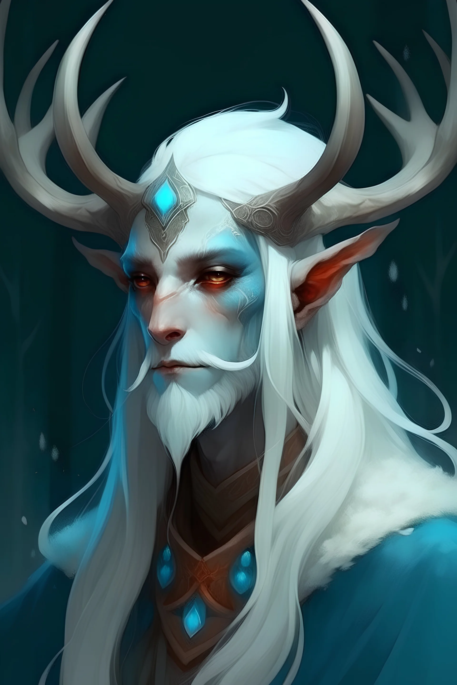 white blue hair winter cold sad frozen Eladrin Male ice antlers beard druid