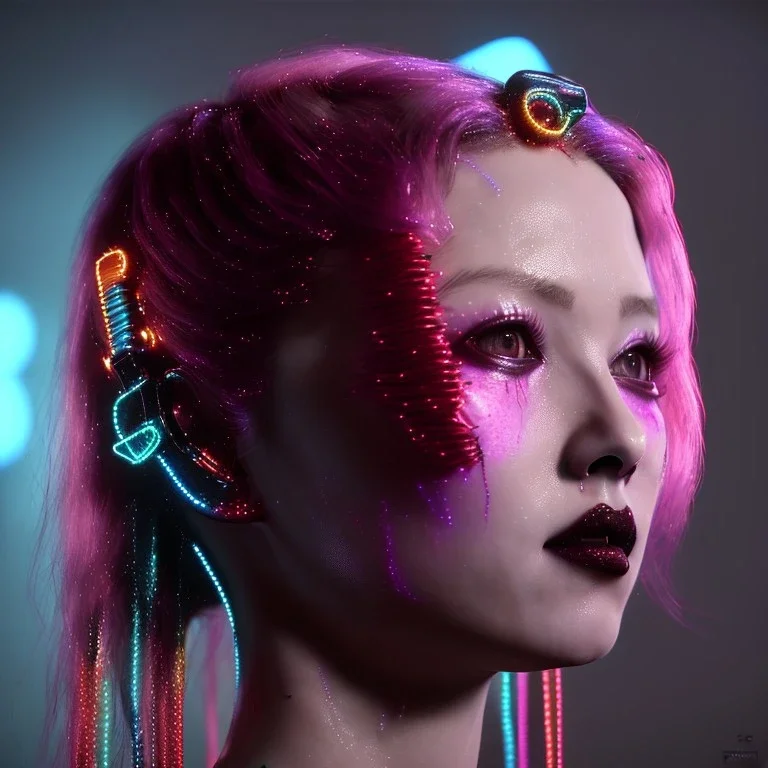 Yong Madonna, pretty cyber woman, cold ambient, latex, cables, purpurin, blood, black, gold, piercings, brown, decorative color feathers, circuits, neon style, a lot of led lights, fog, rain, vibrant color, highly detailed, art stations, concept art, smooth, unreal engine 5, god rays, ray tracing, RTX, lumen lighting, ultra detail, volumetric lighting, 3d, finely drawn, high definition, high resolution.