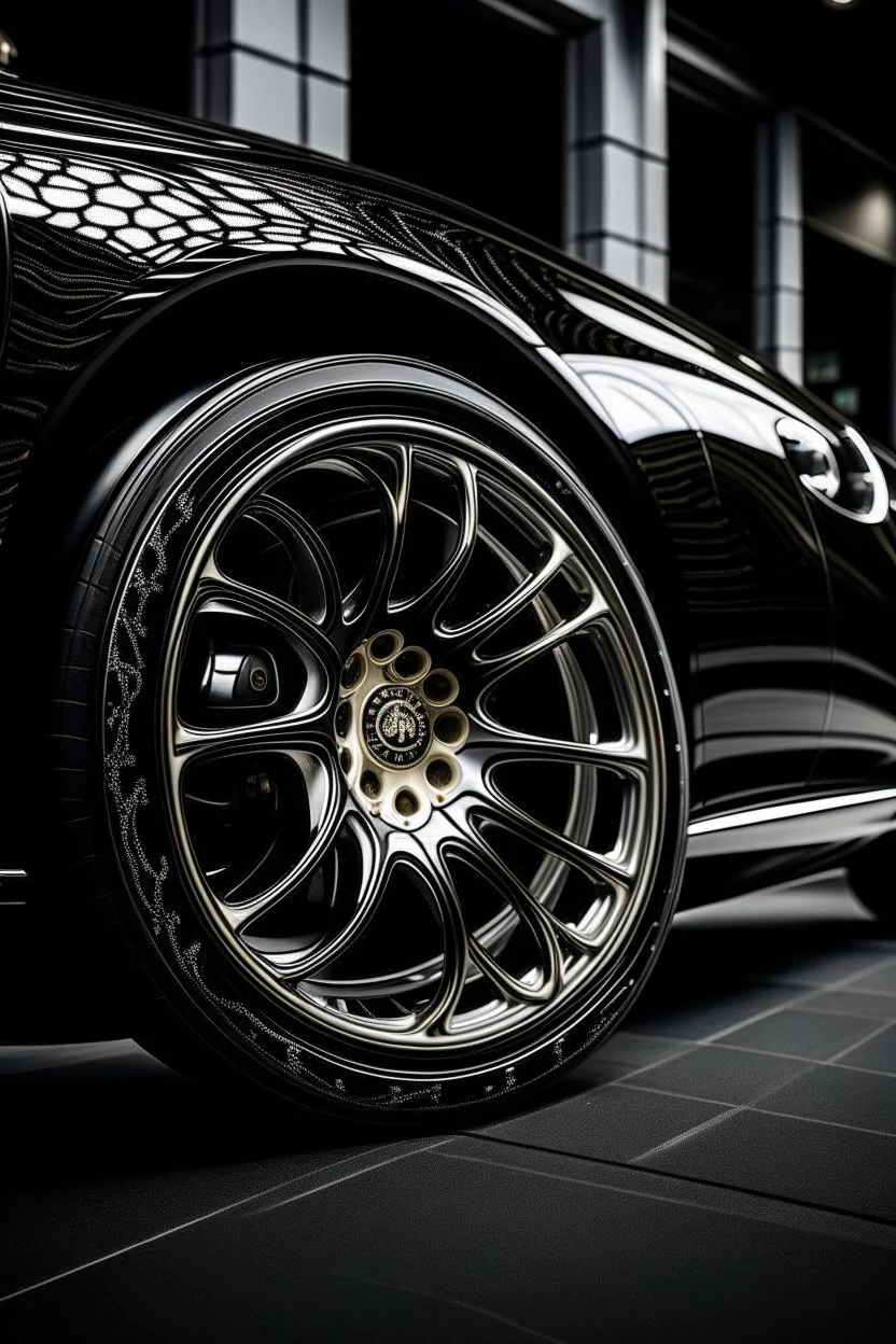 A luxurious black car engraved with white gold wheels