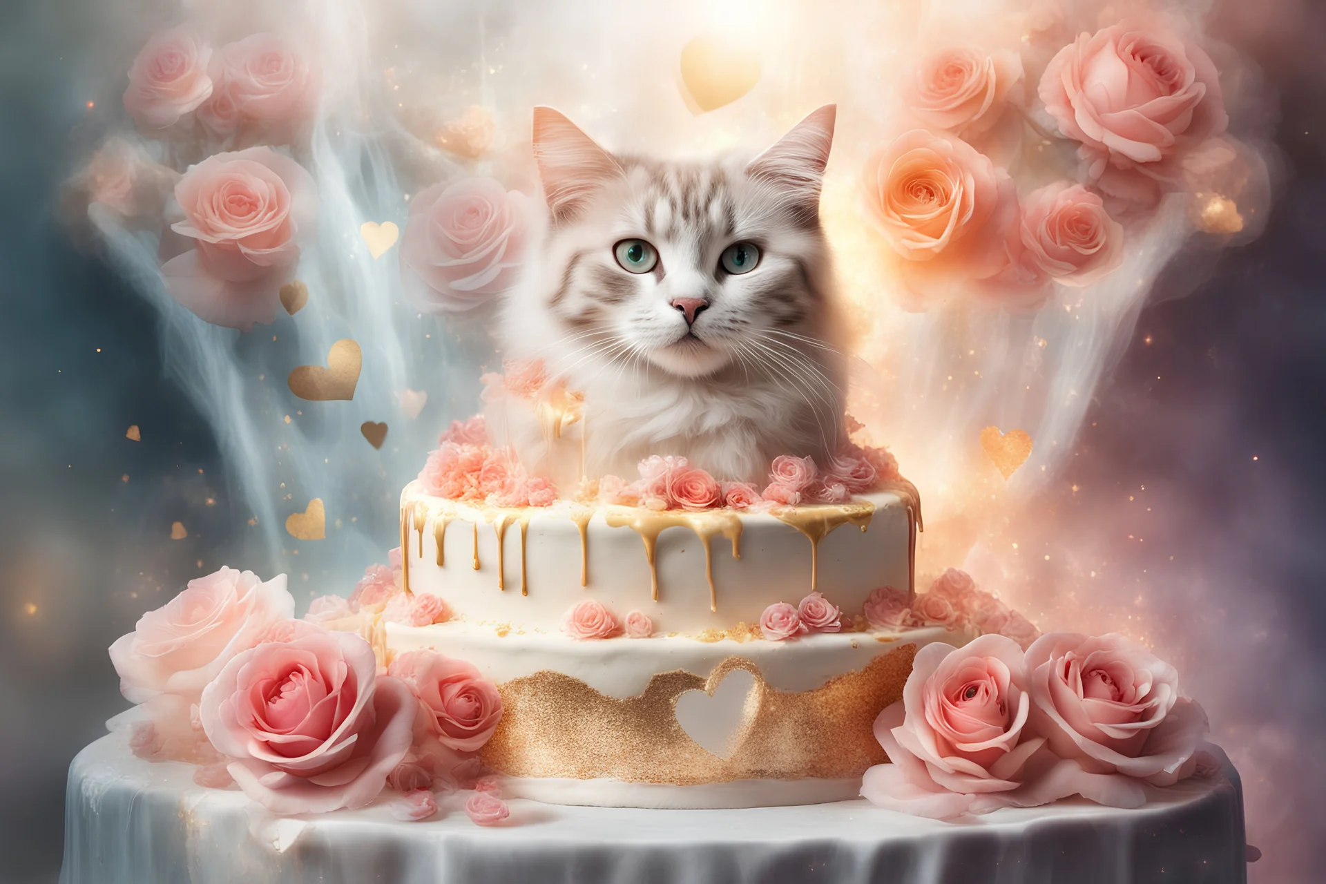 Beautiful composition, double exposure, merged layers, lifelike ethereal roses, birthday cake, cats - different kinds, gemstones, gold glitter, waterfall, heart, flame in sunshine