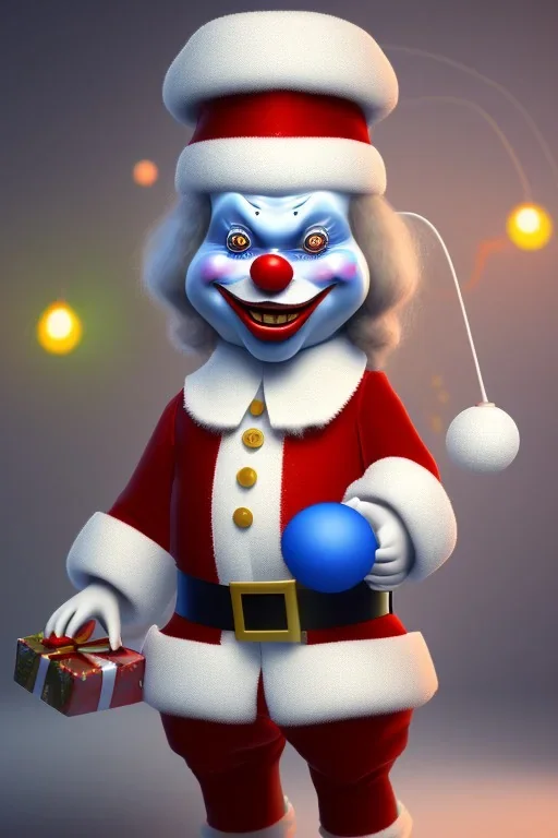 Clown from IT dressed in a santa outfit,high detail, volumetric lighting, tiny features, intricate detail,volumetric clouds