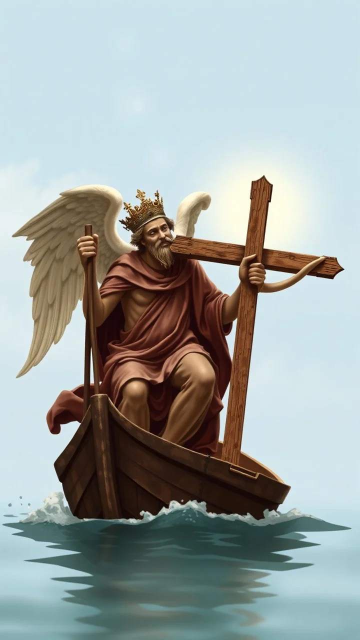 Charon in his boat wearing angel carrying Jesus on a cross