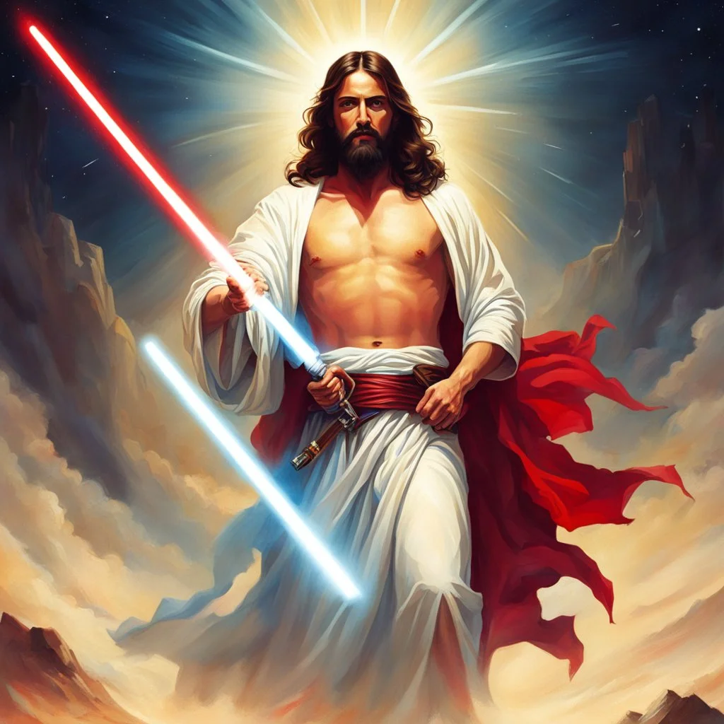 Jesus with a lightsaber opening the belly of the devil